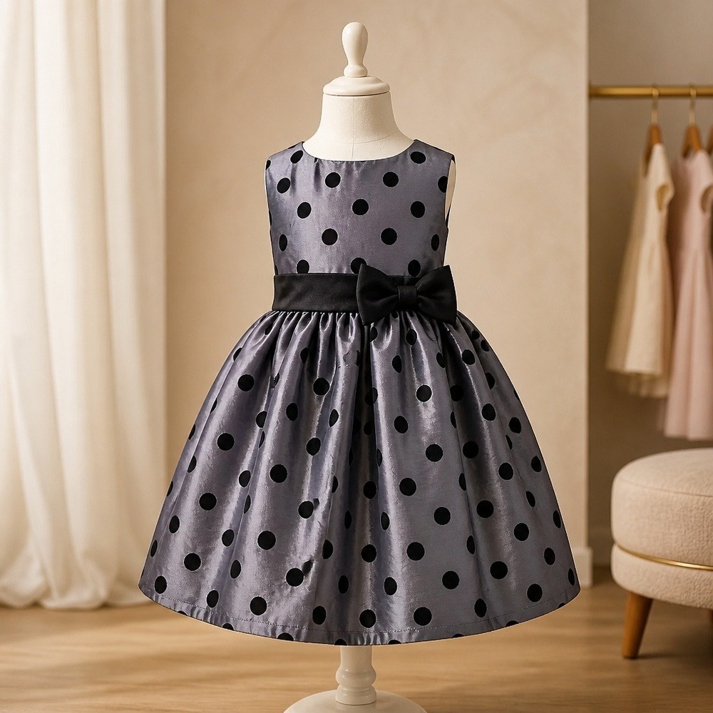 Penelope Mack Girls Silver Grey Black Polka Dot Bow Party Dress 12 Months